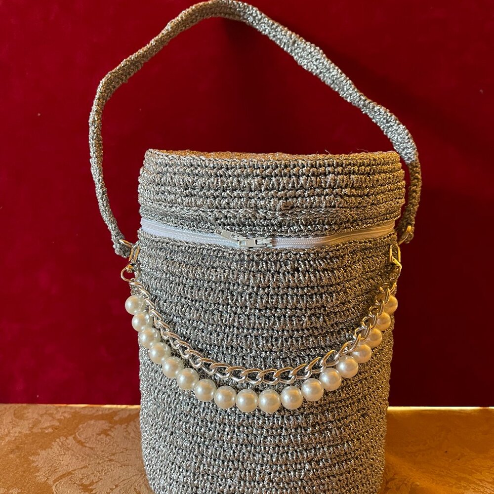Silver Macrame Cylinder Woman Handbag - New